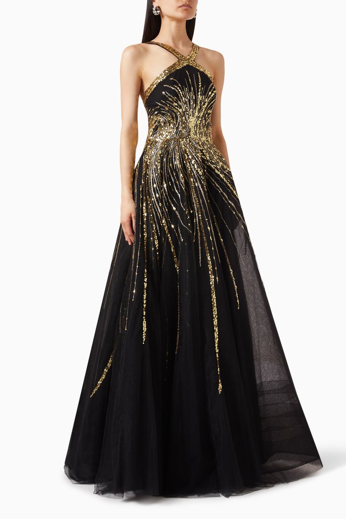 

Sequin-embellished Halterneck Gown in Tulle, Black