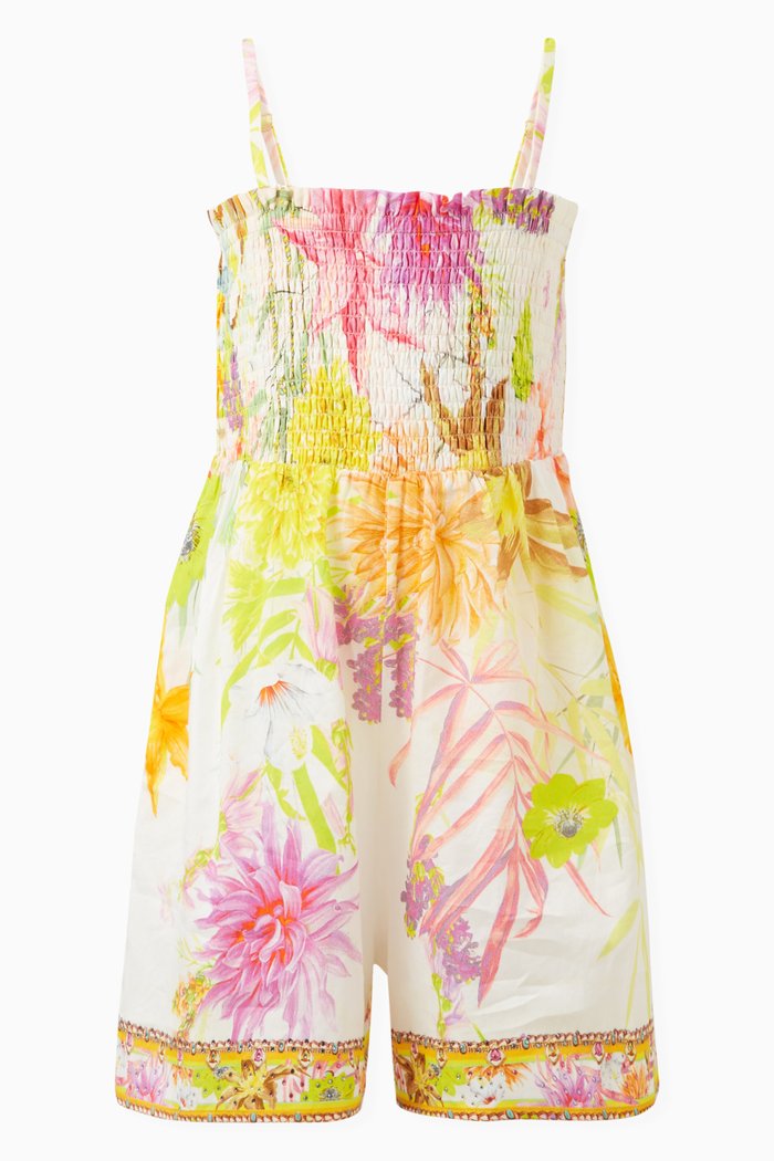 

Floral-print Shirred Romper in Cotton, Yellow