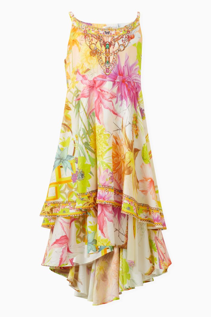 

Floral-print Rhinestones Dress in Cotton, Yellow