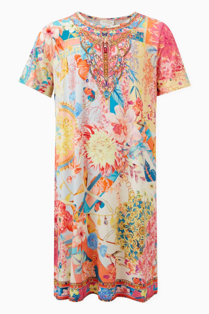 

Floral-print Crystal-embroidered T-shirt Dress in Cotton, Multicolour
