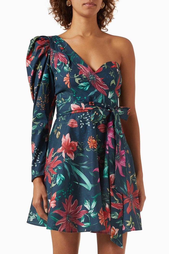 

Boreal Floral Print Mini Dress in Cotton, Blue