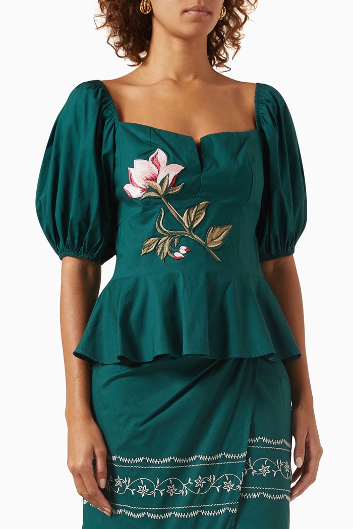 

Foret Embroidered Flower Blouse Top in Cotton, Green