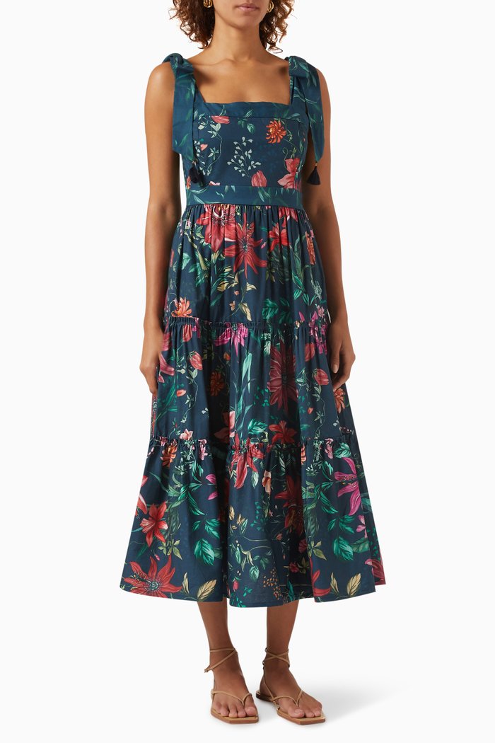 

Parma Floral Print Midi Dress in Cotton, Blue