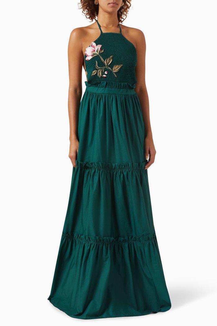 

Rosseta Floral Embroidered Maxi Dress in Cotton, Green