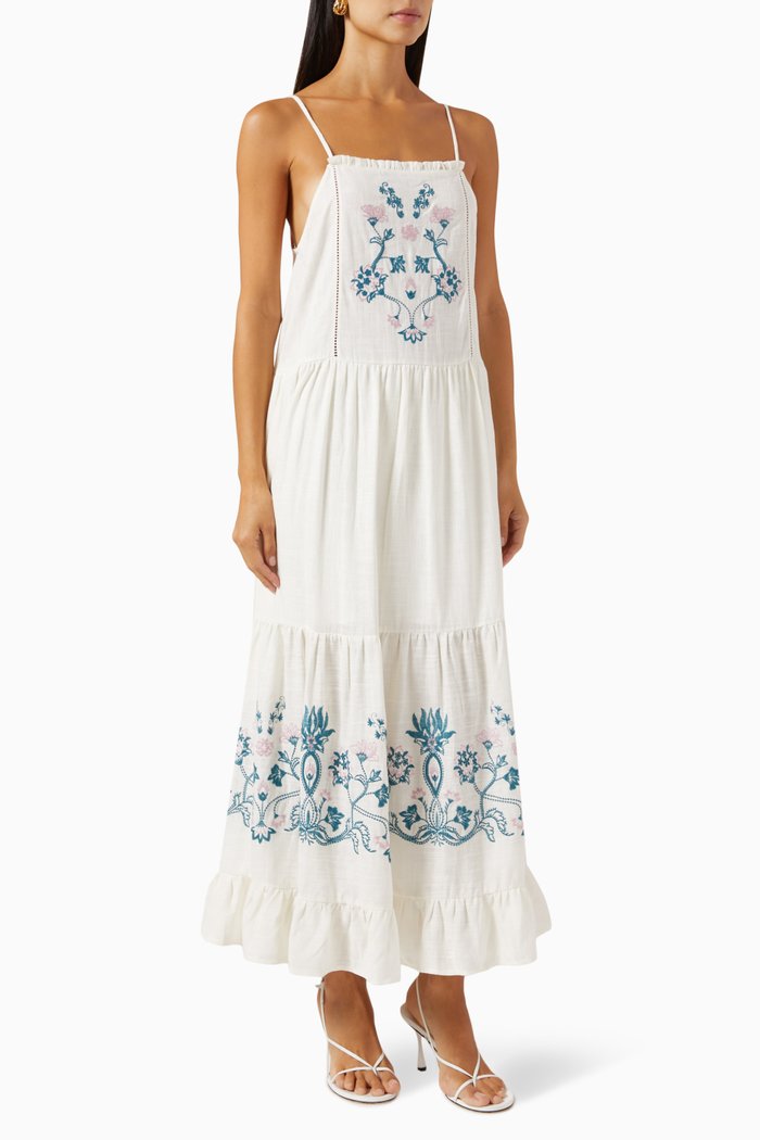

Canela Floral Embroidered Maxi Dress in Linen-blend, Neutral