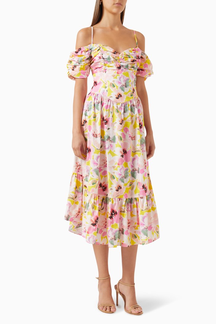 

Rue Off-shoulder Midi Dress in Floral-print Cotton, Yellow