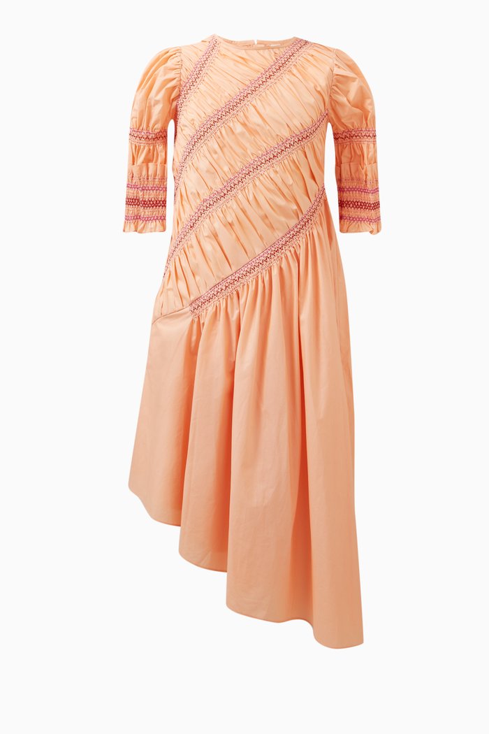 Pia Bustled Smocked Maxi Dress in Cotton, Orange