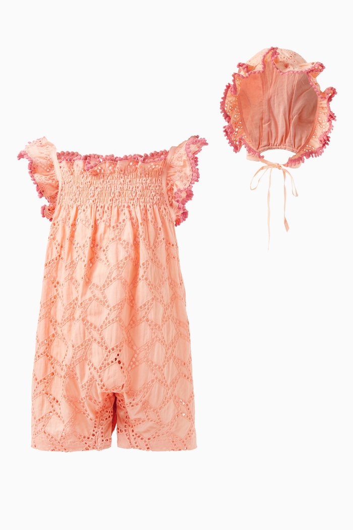 

Diarra Romper Bonnet Set in Cotton, Orange