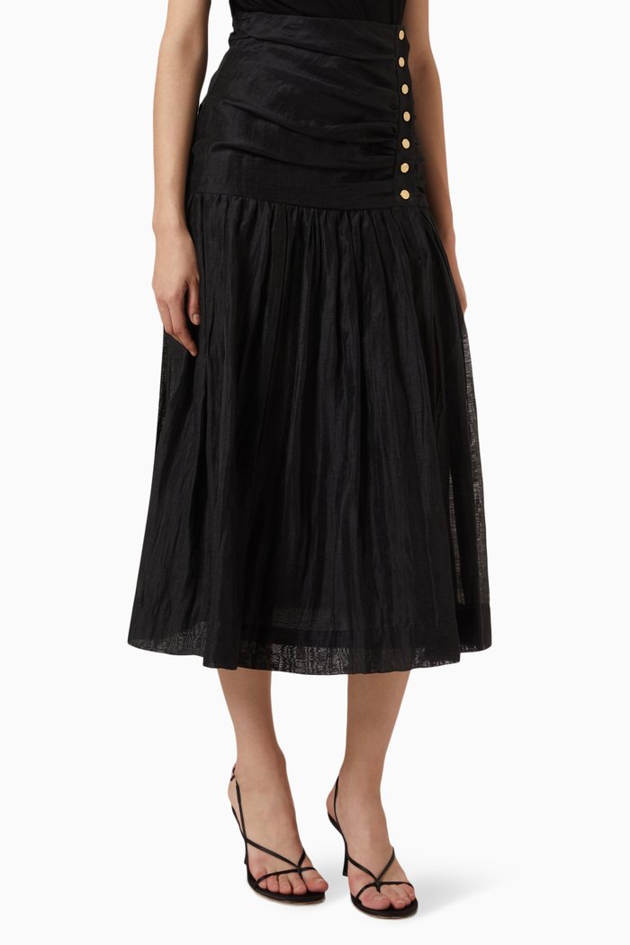 

Agate Gathered Midi Skirt in Linen-blend, Black