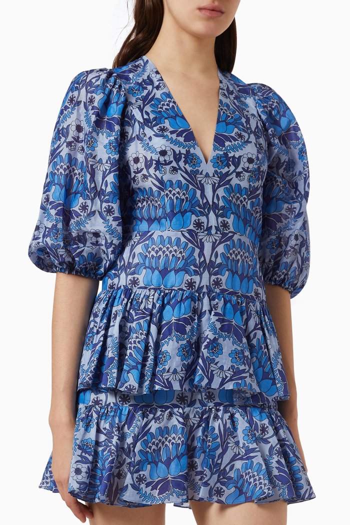 

Eyana Scarf-print Mini Dress in Linen-blend, Blue