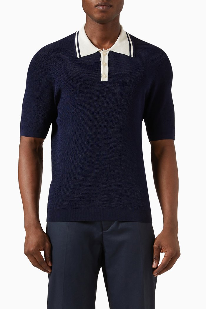 

Striped Tipped Collar Polo in Viscose Blend Knit, Blue