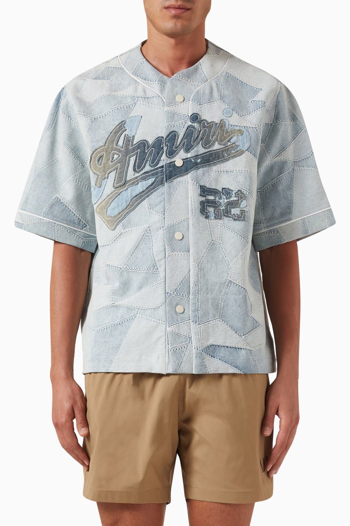 

Patchwork Baseball Shirt in Denim, Blue