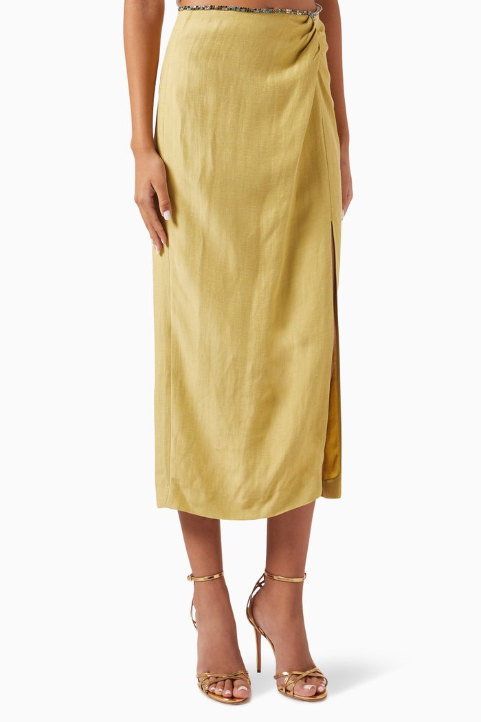 Olariane Pencil Midi Skirt in Linen-blend, Green