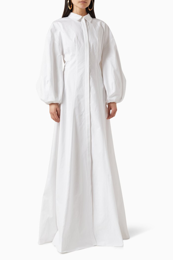 

Belted Button-up Maxi Dress in Cotton, White