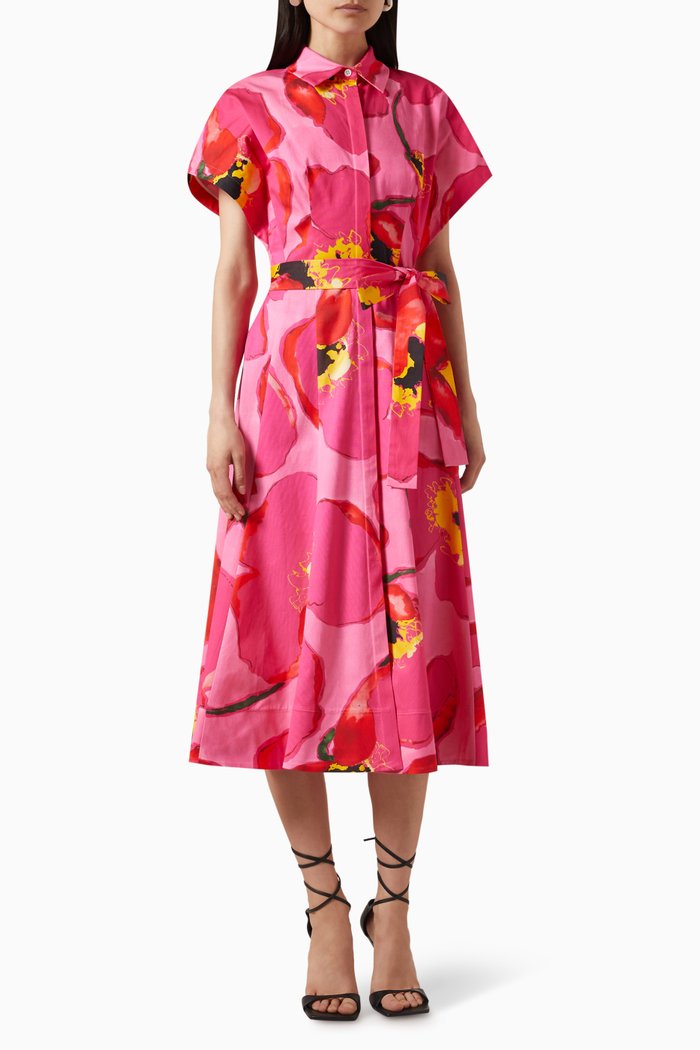 

Floral Print Belted Midi Dress in Cotton, Multicolour