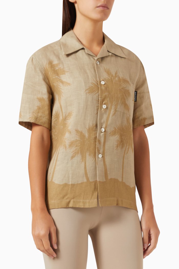 

All-over Palms Bowling Shirt in Linen, Neutral