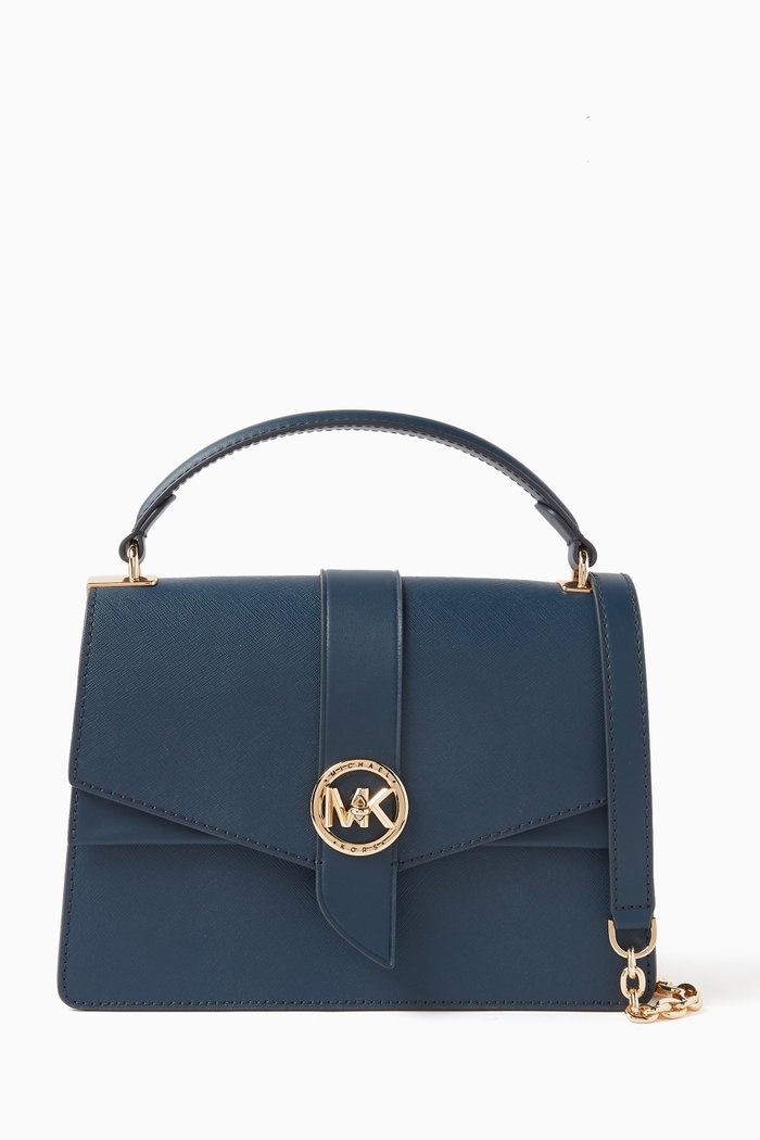 

Medium Greenwich Top Handle Satchel Bag in Leather, Blue