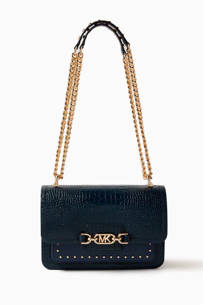 Large Heather Chain-linked Shoulder Bag in Leather, Blue