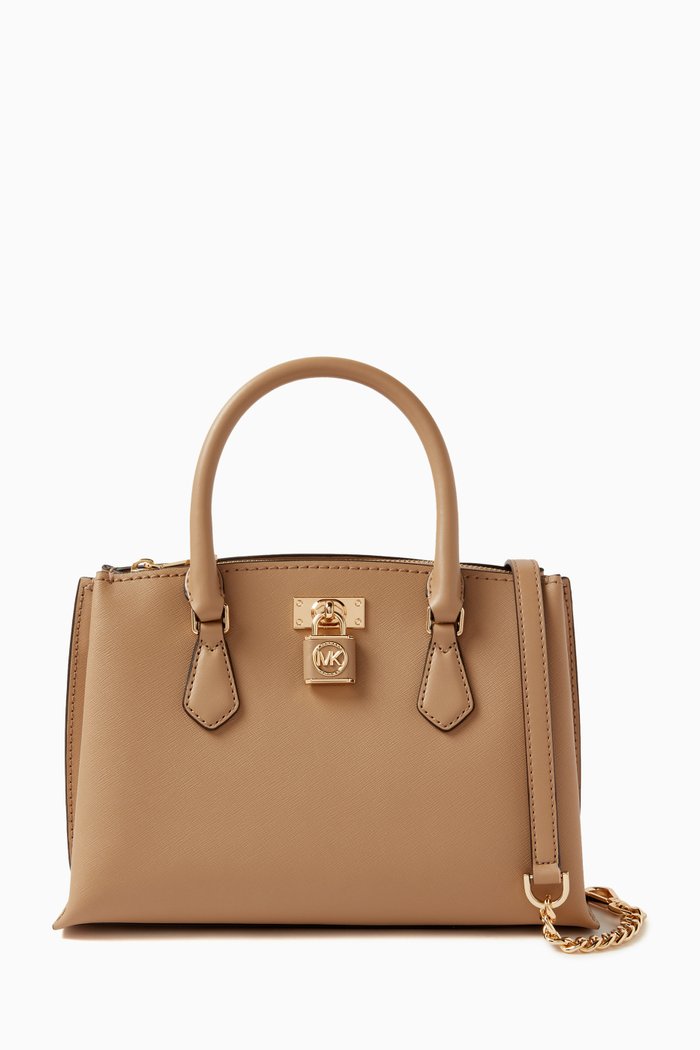 

Small Ruby Padlock Satchel Bag in Leather, Brown
