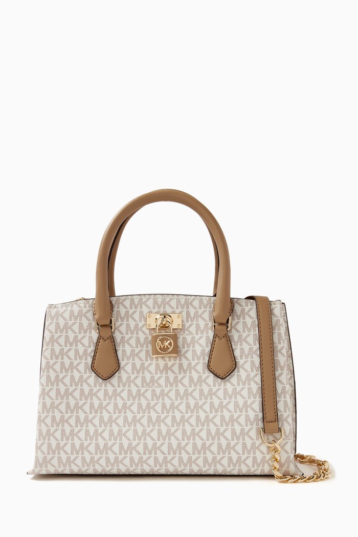 

Small Ruby Padlock Satchel Bag in Coated Canvas, Brown