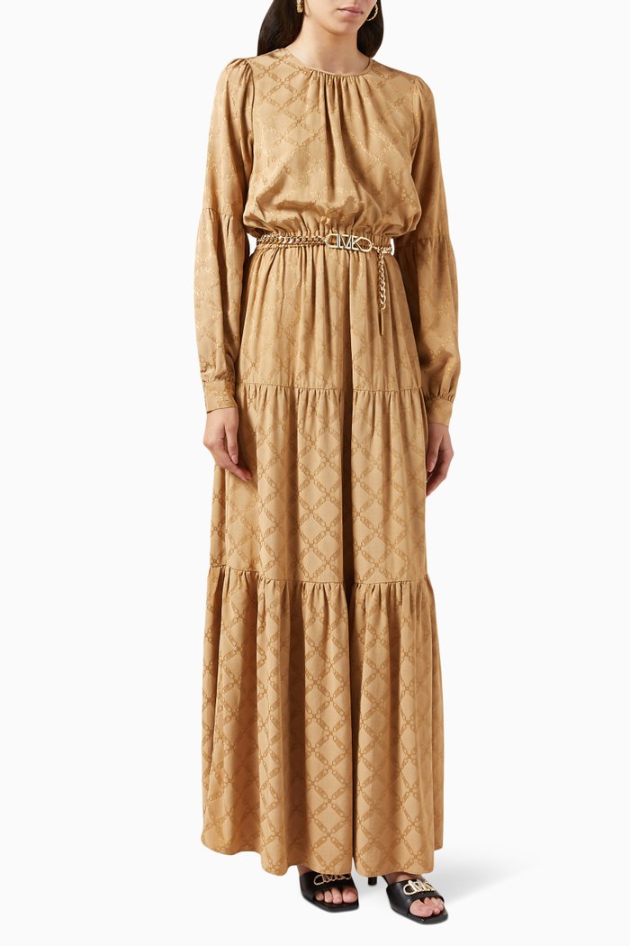 

Belted Maxi Dress in Logo-jacquard, Brown
