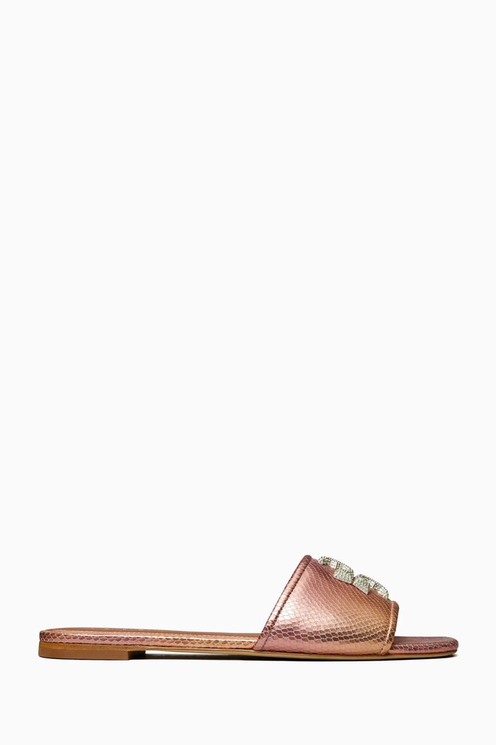 

Eleanor Pavé Wide Fit Slide Sandals in Metallic Snake-embossed Leather, Pink