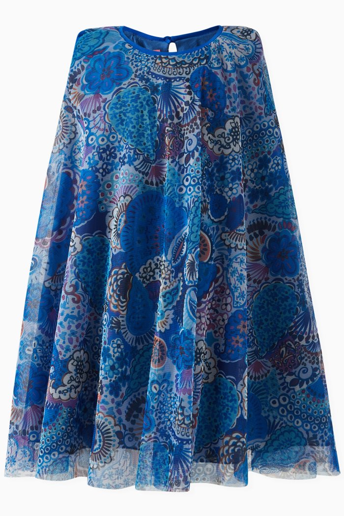 

Cristina Printed Cape Dress in Polyester, Blue