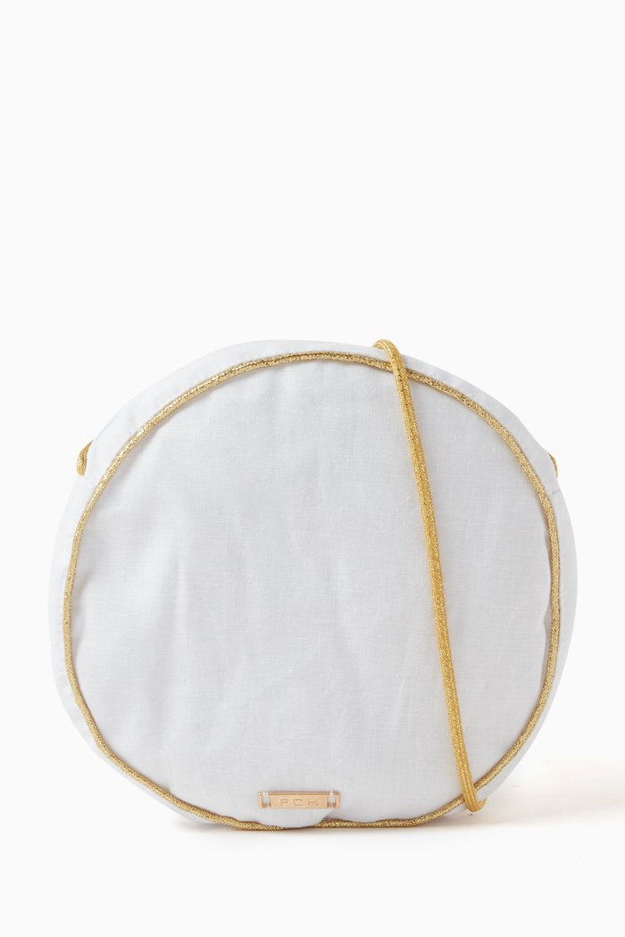 Katia Wild Print Round Bag in Linen, White