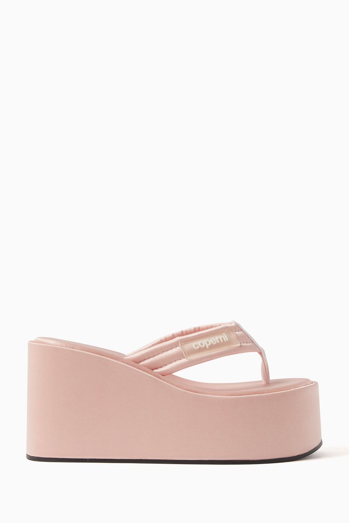 Logo Webbing Wedge Flip Flops in Satin, Pink
