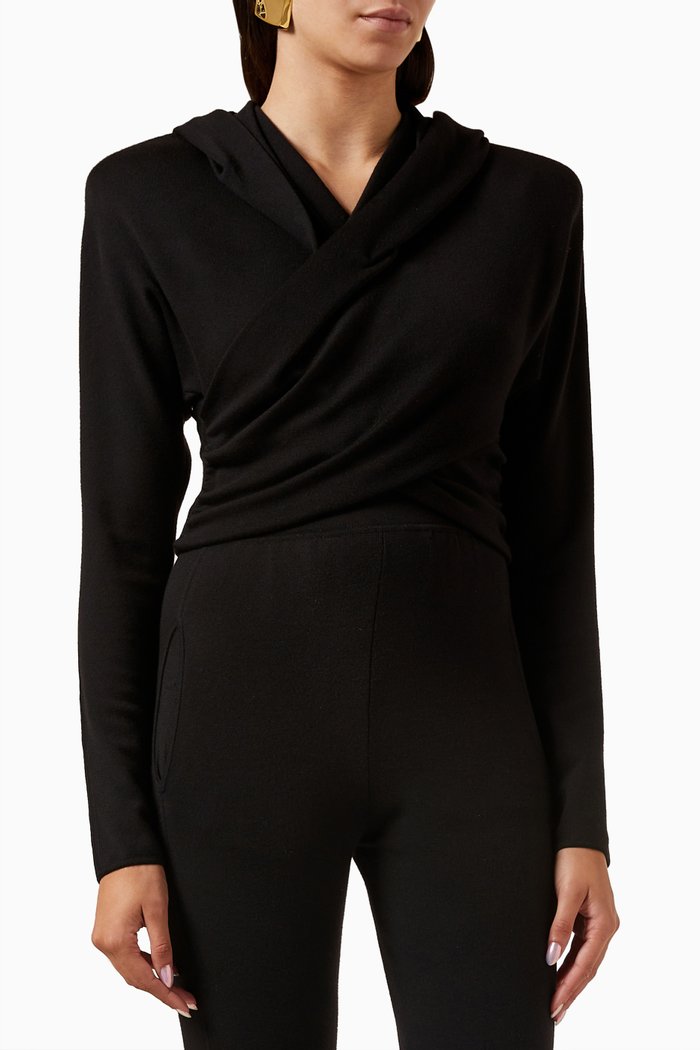 Hooded Draped Top in Wool, Black