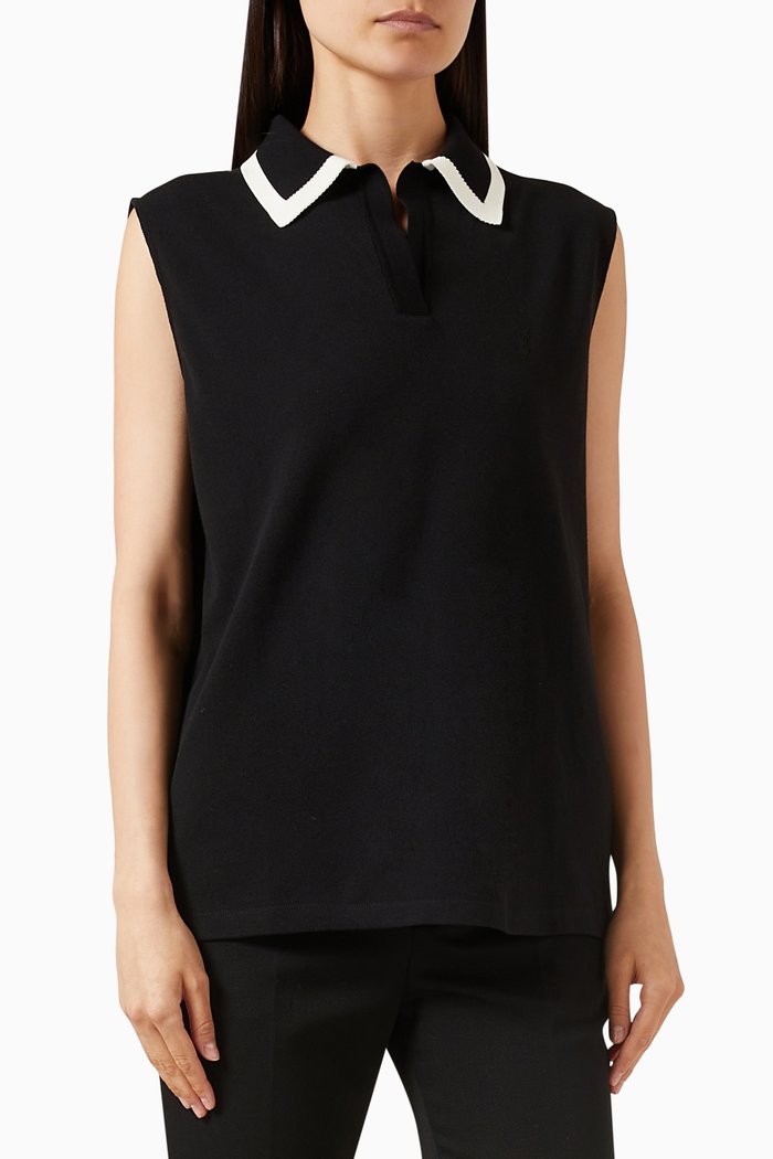 Cassandre Sleeveless Polo Shirt in Cotton, Black