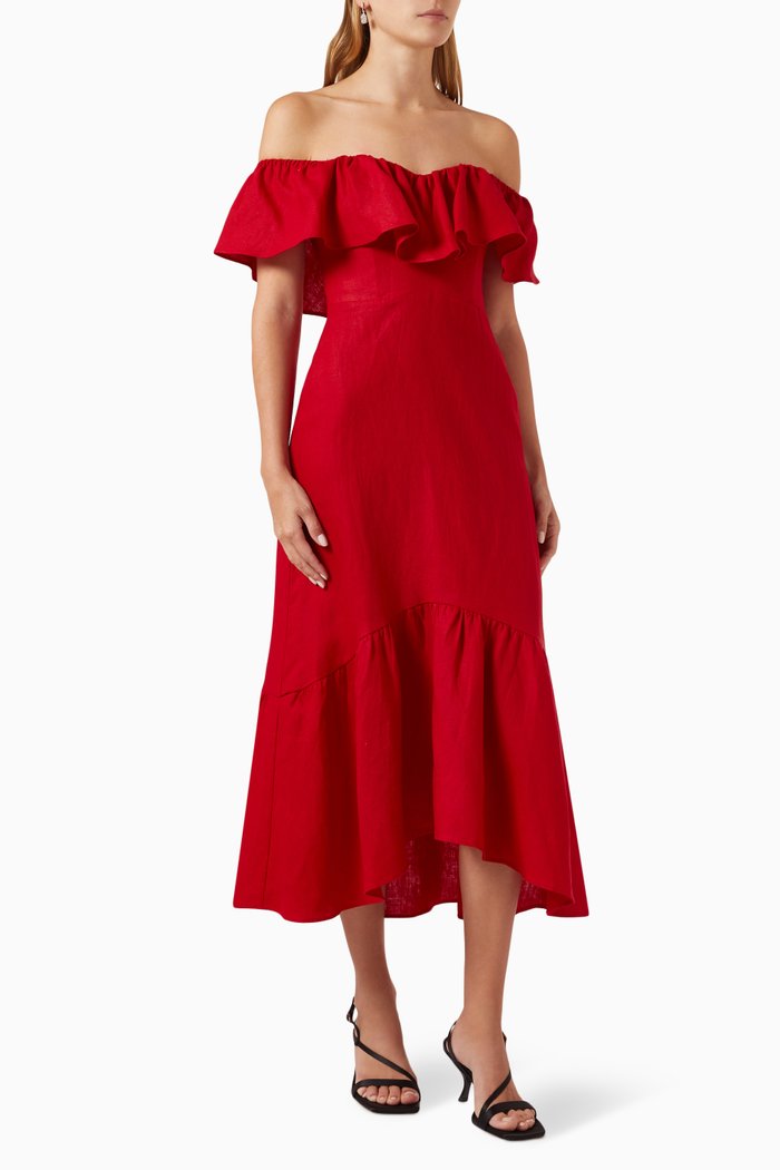 Baela Off-shoulder Midi Dress in Linen, Red