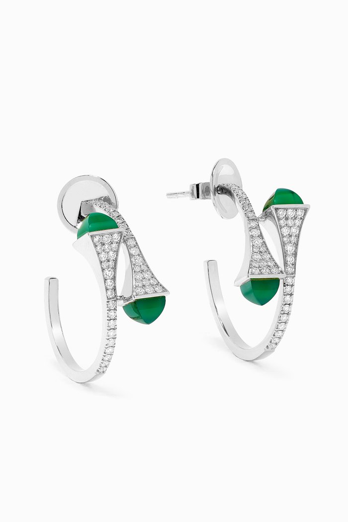 

Cleo Diamond & Green Agate Hoop Earrings in 18kt White Gold, Silver