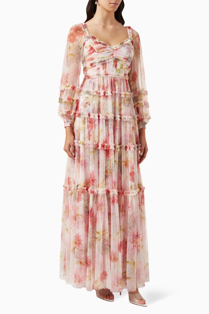 

Hummingbird Iris Bloom Floral-print Gown in Tulle, Pink