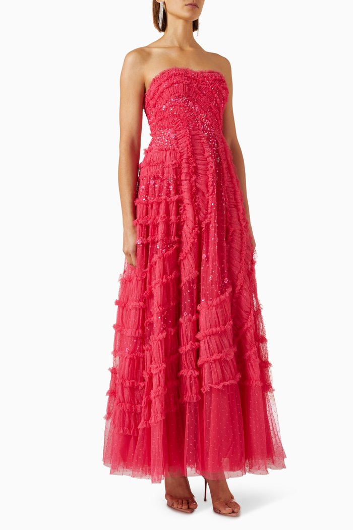 Violet Shimmer Strapless Gown in Tulle, Pink