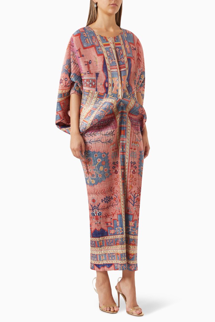Printed Kaftan in Plisse Fabric, Multicolour