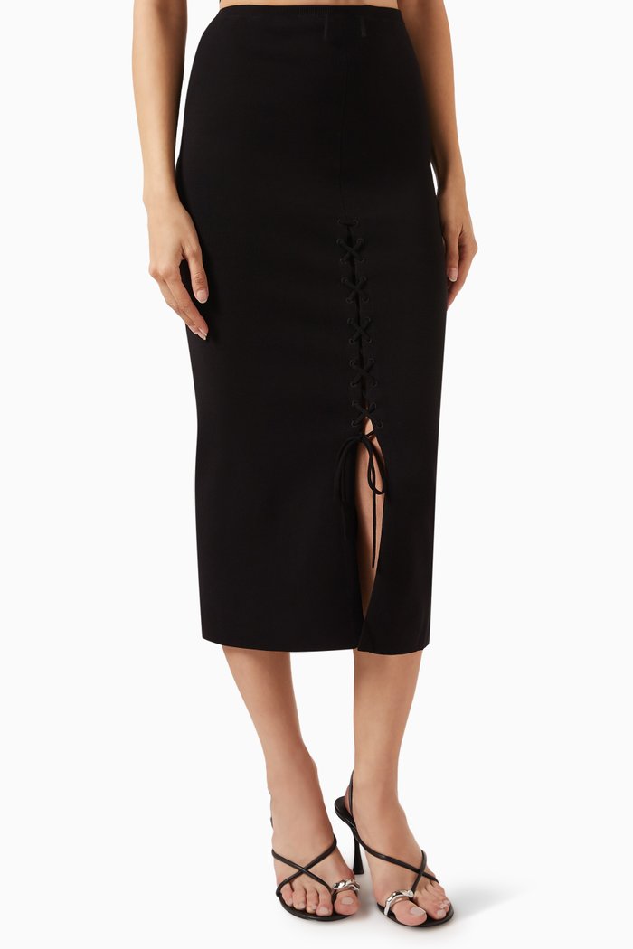 Lace-up Midi Skirt in Viscose-blend Knit, Black