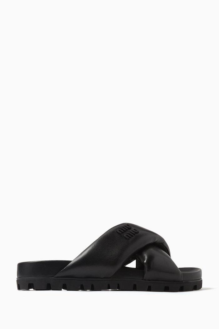 

Puffy Logo Slides in Leather, Black