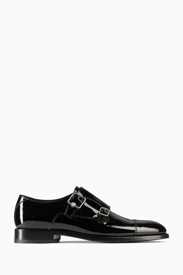 

Finnion Monk Strap Loafers in Patent Leather, Black