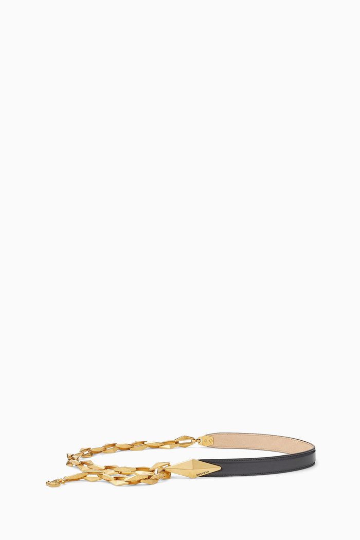 Diamond Chain Belt in Polished Leather, Black