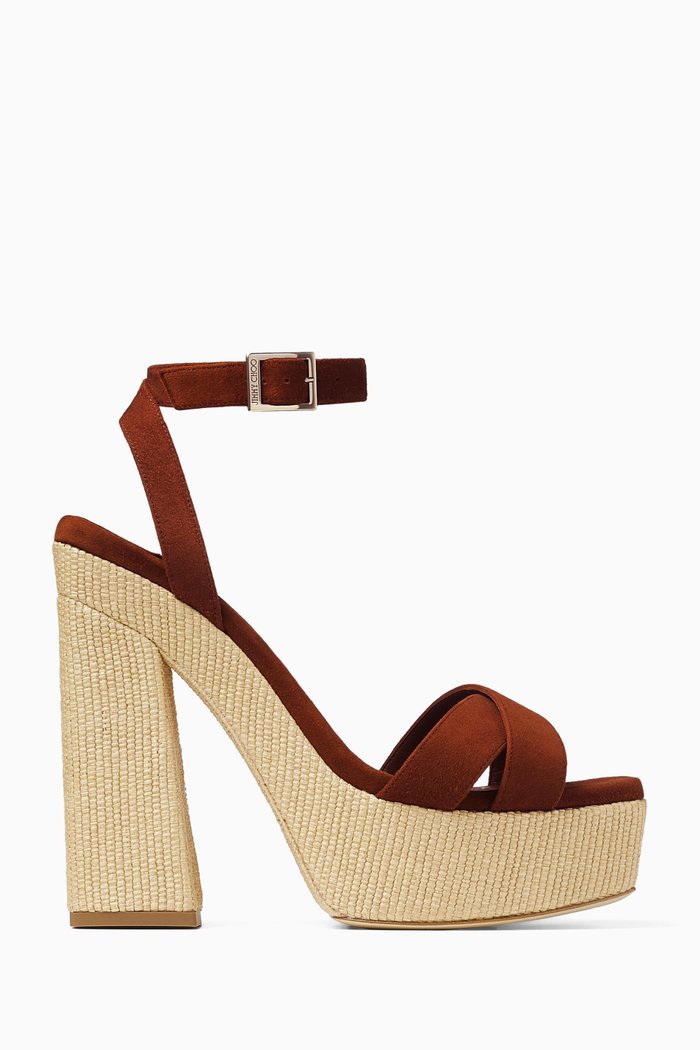 

Gaia 140 Platform Sandals in Suede & Raffia, Brown