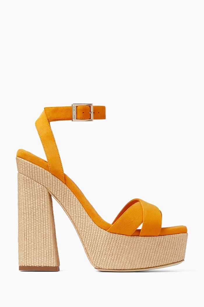

Gaia 140 Platform Sandals in Suede & Raffia, Orange