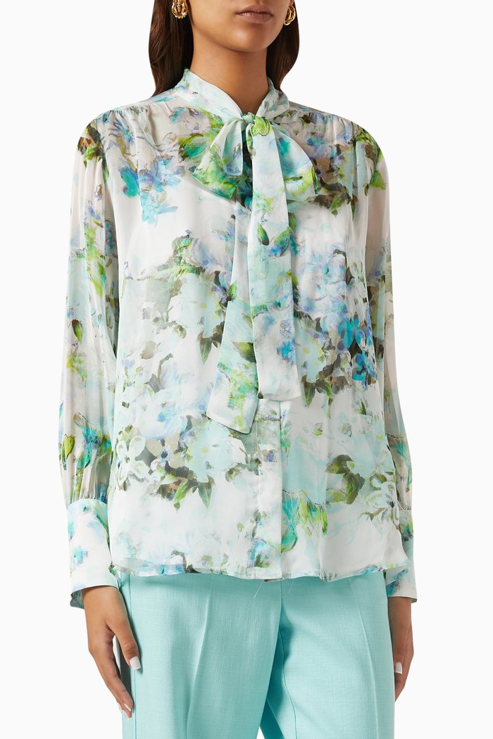 

Scarf-tie Floral Blouse in Silk, Blue