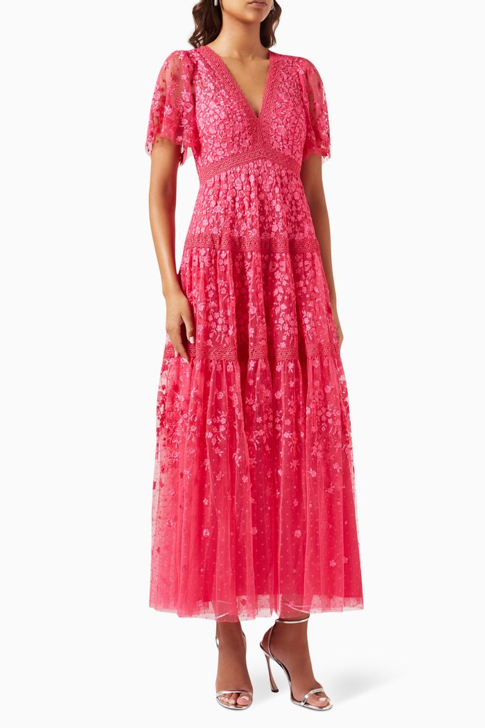 

Celestia Ribbon Embroidered Gown in Tulle, Pink