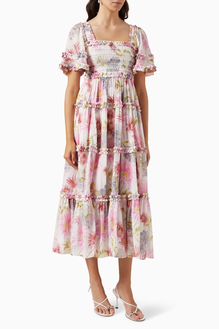 

Hummingbird Smocked Floral-print Ankle Gown in Chiffon, Multicolour