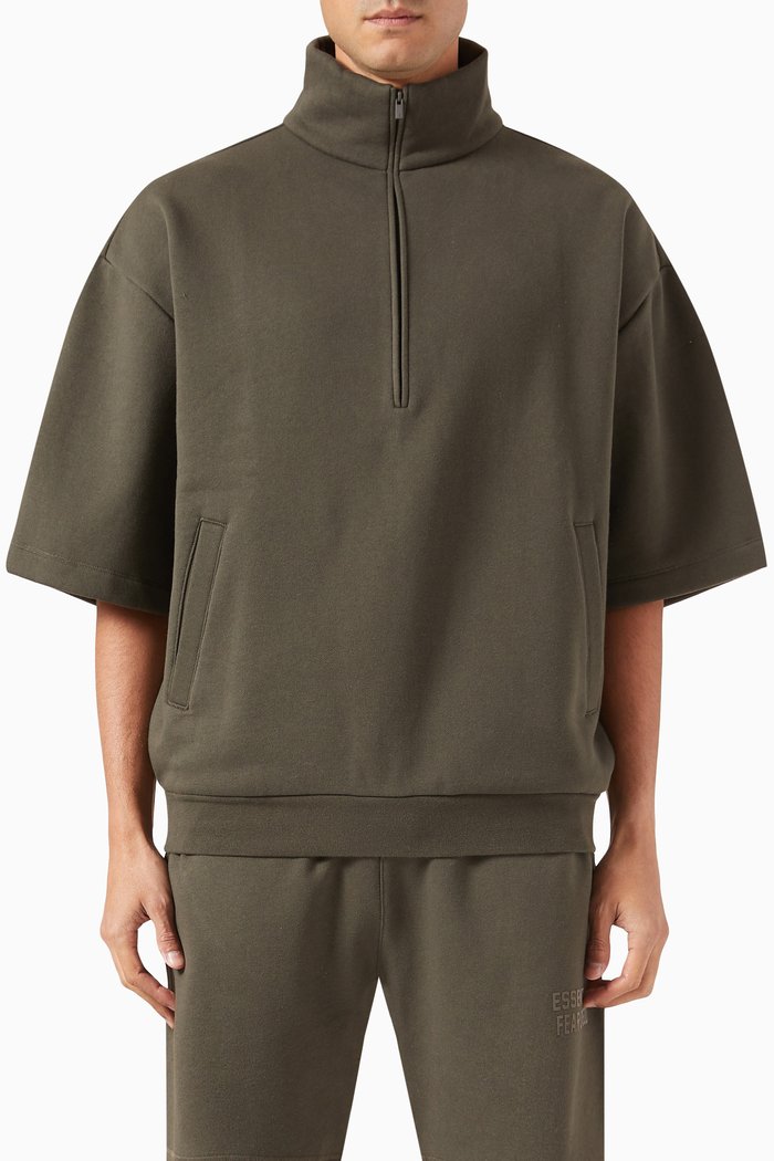 Half-zip Quarter-sleeve Shirt in Cotton-blend Fleece, Black