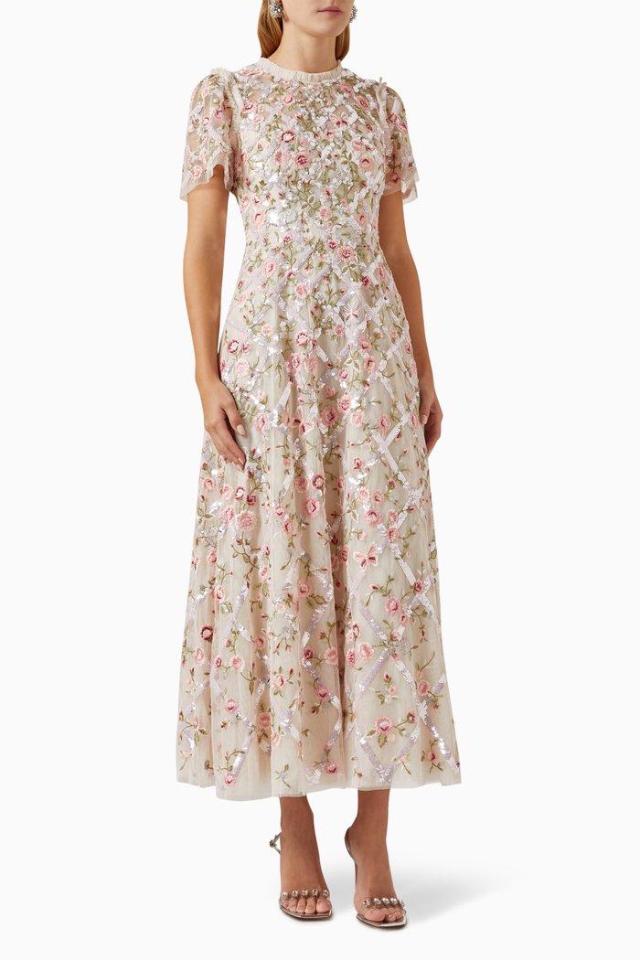 

Athena Rose Embroidered Midi Dress in Recycled Tulle, Neutral