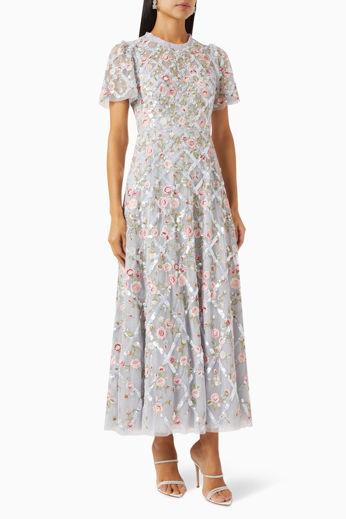 

Athena Rose Embroidered Midi Dress in Recycled Tulle, Blue
