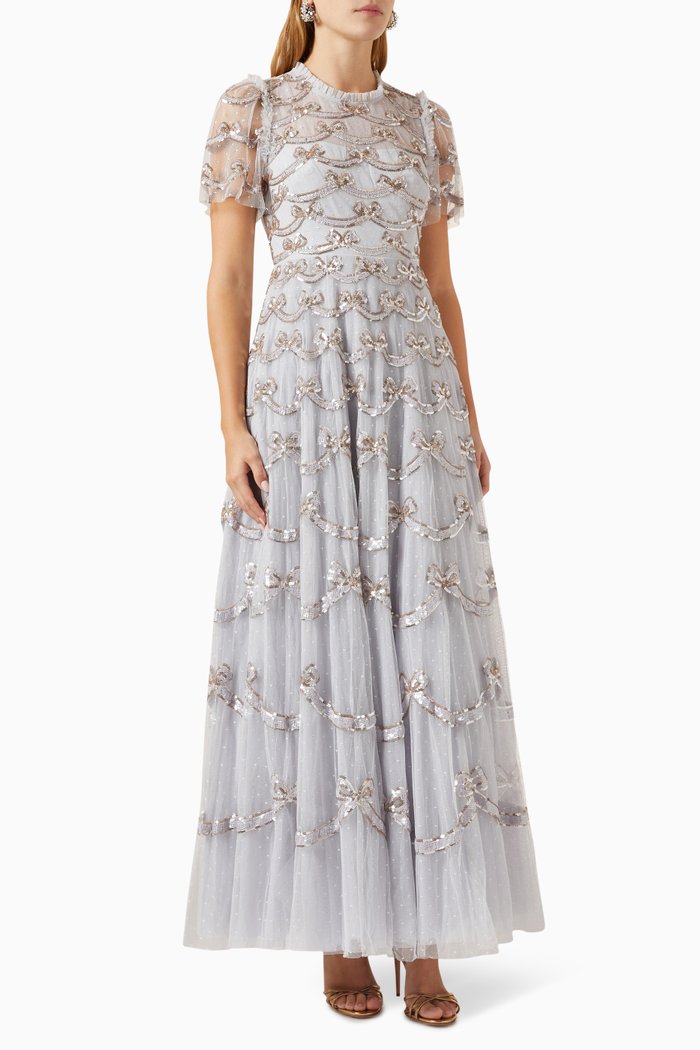 Bow Sequinned Gown in Recycled Tulle, Blue