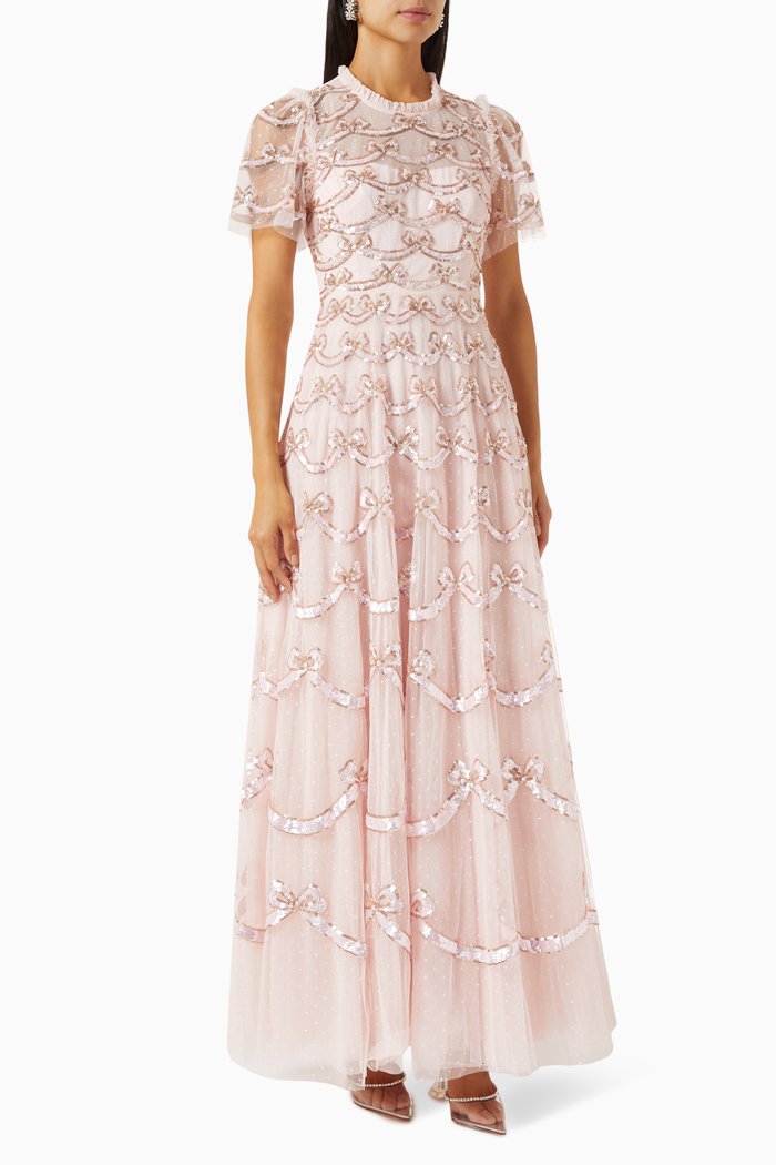 

Bow Sequinned Gown in Recycled Tulle, Pink
